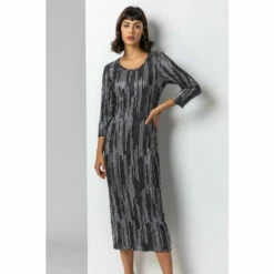 Roman Foil Stripe Print Plisse Midi Dress For Female