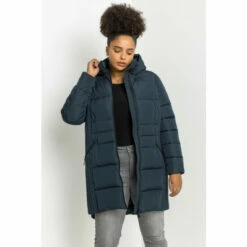 Roman Curve Longline Quilted Coat With Hood For Female