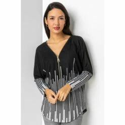 Roman Line Border V Neck Zip Detail Long Sleeve Top For Female