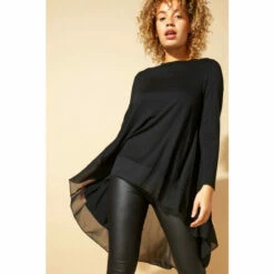 Roman Floaty Long Sleeve Dipped Hem Chiffon Detail Top For Female