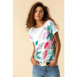 Roman Abstract Leaf Print Stretch T-Shirt For Female