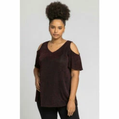 Roman Curve Cold Shoulder Shimmer Top For Female