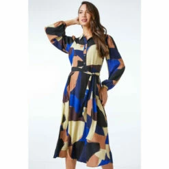 Roman Geo Print Belted Shirt Dress For Female