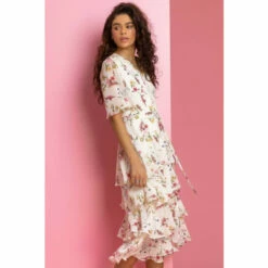 Roman Floral Print Tiered Frill Midi Dress For Female