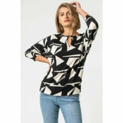 Roman Geo Print Keyhole Detail Blouson Top For Female