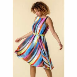 Roman Rainbow Stripe Print Midi Dress For Female