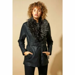 Roman Longline Faux Leather Belted Coat For Female