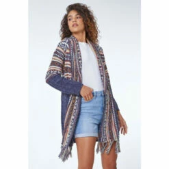Roman Aztec Print Tassel Hem Longline Cardigan For Female