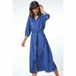 Roman Contrast Stitch Belted Denim Shirt Dress For Female